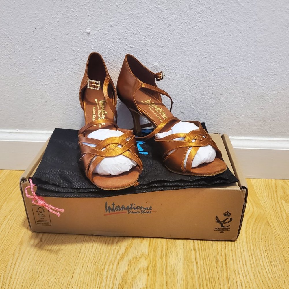 International Dance, Mia Tan Satin Latin Shoes, 6.5 narrow, heel 2.5"